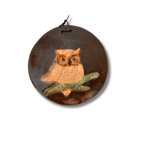 Keramik-Wandplatte mit Eule, handbemalt, Ø 11,5 cm, 179 g