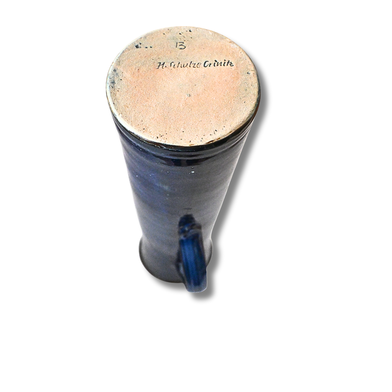Hoher Tonkrug blau glasiert, H. Schulze Crinitz, Handarbeit, ca. 34 cm – Bild 6