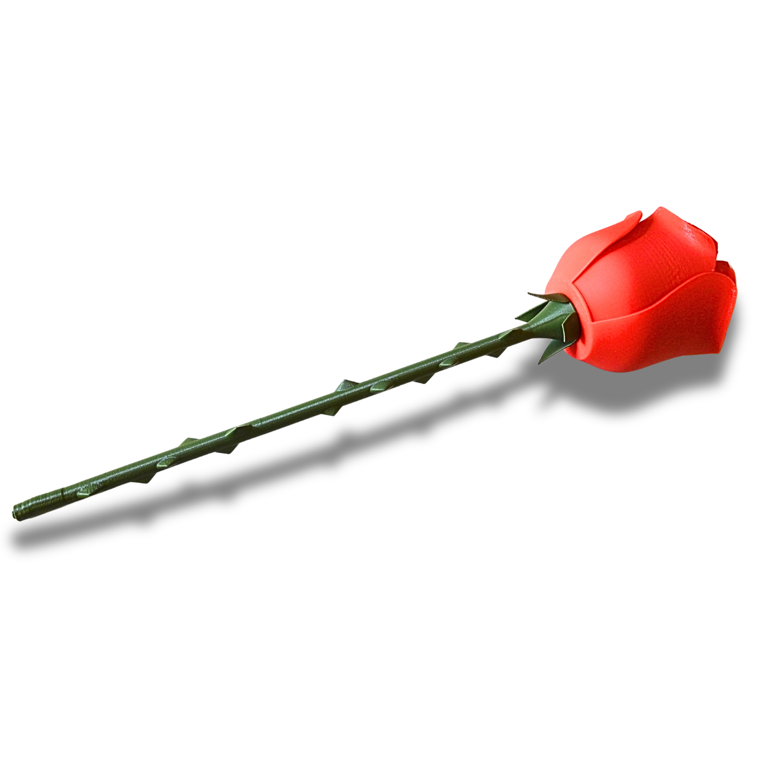 Rose-3D-Druck. Rot, Groß mit Dornenstiel